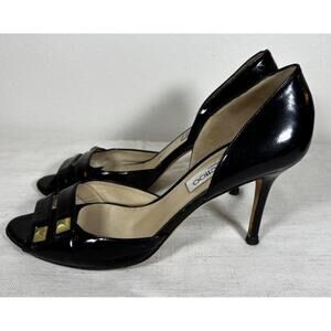 Jimmy Choo London Black Patent Leather Heels Size 38.5 Open Toe Gold Detail
